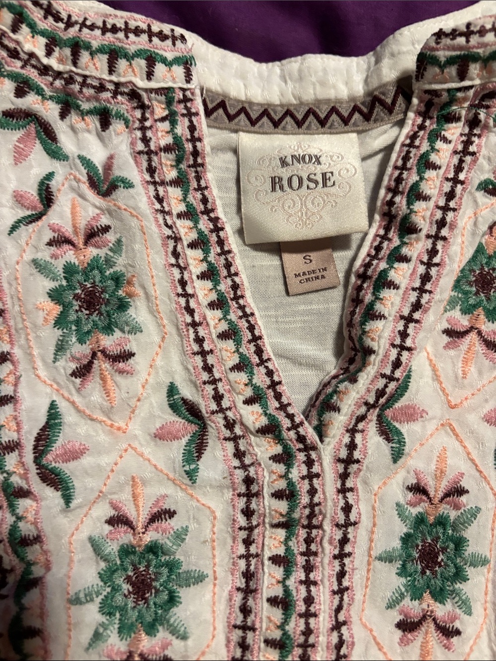 Knox Rose Cream Sleeveless Embroidered Boho Tunic with Pink & Green Accents - Picture 2 of 3